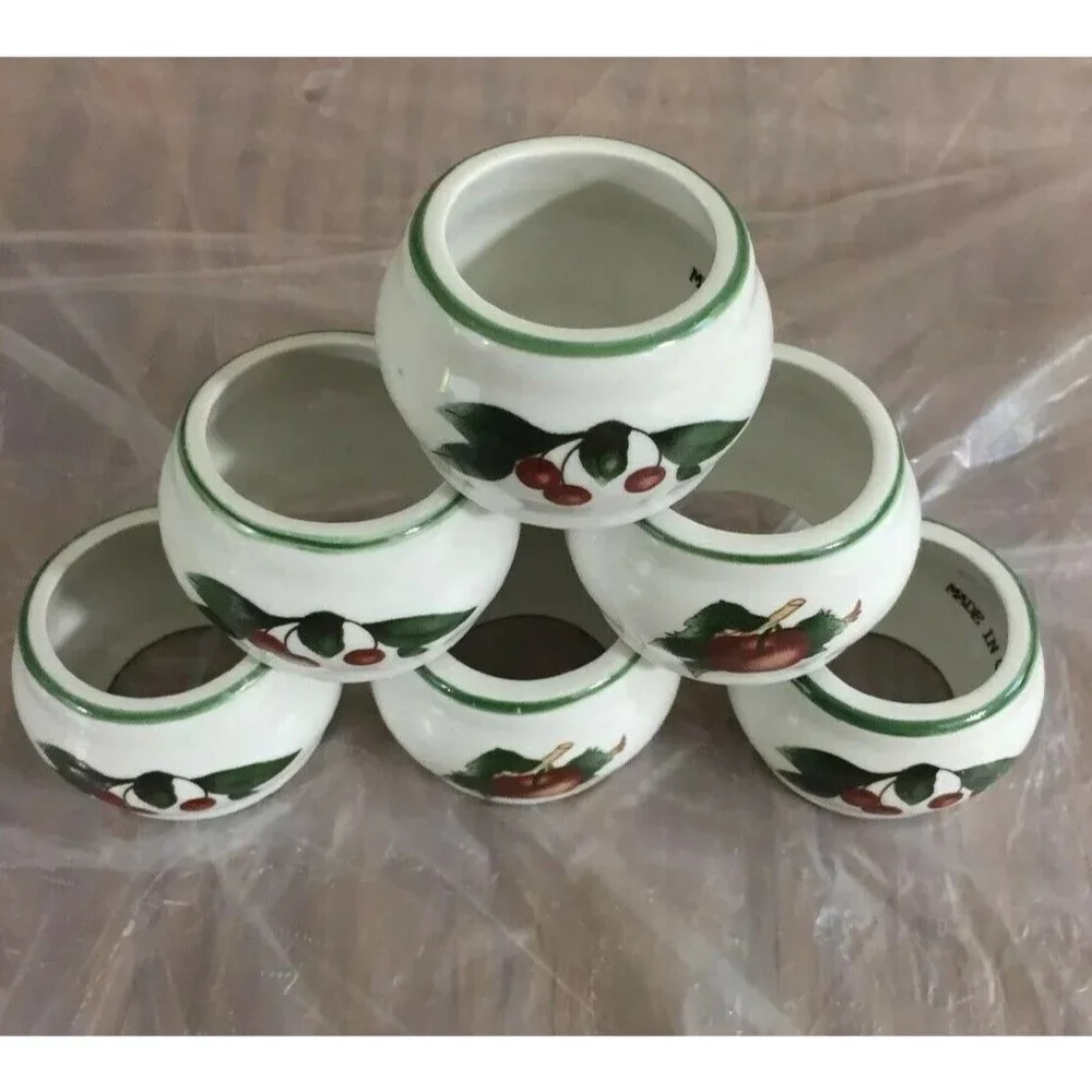 VTG Ceramic Napkin Rings White Apples Cherries 1.25